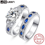 High Quality White CZ&Sapphire Solid Real Sterling Silver Jewelry 2-Pcs Wedding Engagement 925 Silver Jewelry Ring Set