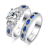 High Quality White CZ&Sapphire Solid Real Sterling Silver Jewelry 2-Pcs Wedding Engagement 925 Silver Jewelry Ring Set