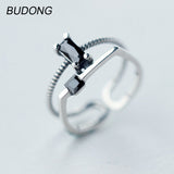 BUDONG Real 925 Sterling Silver Ring for Women Fashion Natural Black Agate Mid Ring Open Cuff Resizable Ring Fine Jewelry